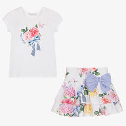 Balloon Chic-طقم تنورة مزيج قطن لون أبيض بطبعة ورود | Childrensalon Outlet
