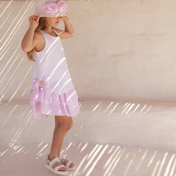 Balloon Chic-فستان قطن مزين بكشكش لون أبيض وزهري | Childrensalon Outlet