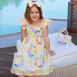 Balloon Chic-فستان قطن بوبلين لون أصفر بطبعة ورود | Childrensalon Outlet