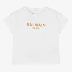 Balmain-تيشيرت قطن لون أبيض وذهبي للمولودات | Childrensalon Outlet