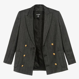 Balmain-Boys Black & Grey Wool Herringbone Blazer | Childrensalon Outlet