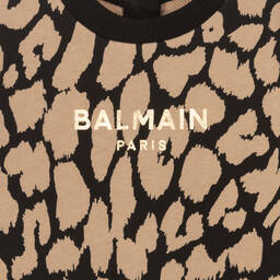 Balmain-Girls Black & Beige Cotton Leopard Dress | Childrensalon Outlet