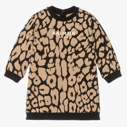 Balmain-Girls Black & Beige Cotton Leopard Dress | Childrensalon Outlet