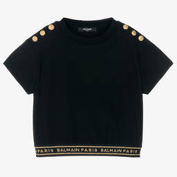 Balmain-Girls Black Cropped Cotton T-Shirt | Childrensalon Outlet