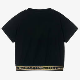 Balmain-Girls Black Cropped Cotton T-Shirt | Childrensalon Outlet