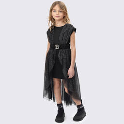 Balmain-فستان ساتان وتول غليتر لون أسود | Childrensalon Outlet