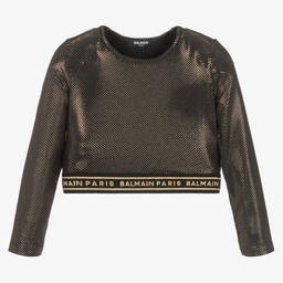 Balmain-Girls Black & Gold Glitter Crop Top | Childrensalon Outlet