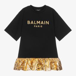 Balmain-Girls Black & Gold Logo Dress | Childrensalon Outlet