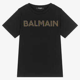 Balmain-Girls Black Gold Studded Cotton T-Shirt | Childrensalon Outlet