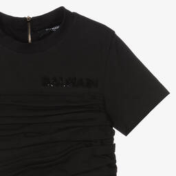 Balmain-Girls Black Ruched Logo Dress | Childrensalon Outlet