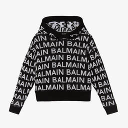Balmain-Черно-белая вязаная худи с принтом-монограммой | Childrensalon Outlet