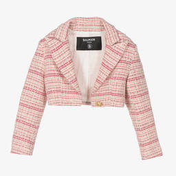 Balmain-Girls Pink Tweed Cropped Blazer | Childrensalon Outlet