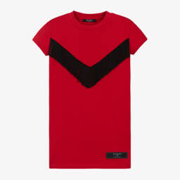 Balmain-Girls Scarlet Cotton Fringe Dress | Childrensalon Outlet