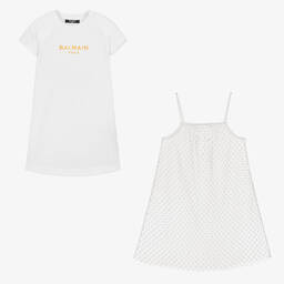 Balmain-Girls White Cotton & Tulle Dress  | Childrensalon Outlet