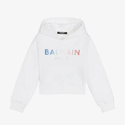 Balmain-Girls White Cropped Hoodie | Childrensalon Outlet
