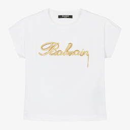 Balmain-Girls White Embroidered Cotton T-Shirt | Childrensalon Outlet