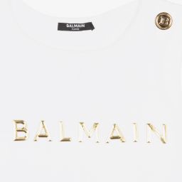 Balmain-Girls White & Gold Logo Dress | Childrensalon Outlet