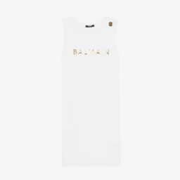 Balmain-Girls White & Gold Logo Dress | Childrensalon Outlet