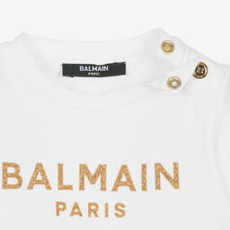 Balmain-Белая футболка с золотистым логотипом для девочек | Childrensalon Outlet