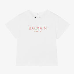 Balmain-Girls White & Pink Leopard Logo T-Shirt | Childrensalon Outlet