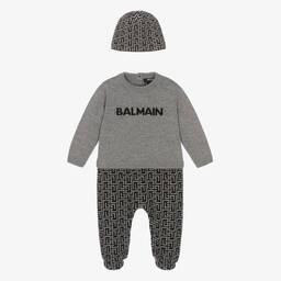 Balmain-Grey Wool & Silk Monogram Babysuit Set | Childrensalon Outlet