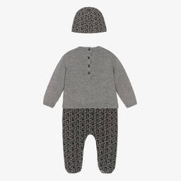 Balmain-Grey Wool & Silk Monogram Babysuit Set | Childrensalon Outlet