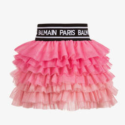 Balmain-Pink Tulle Logo Skirt | Childrensalon Outlet