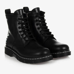 Balmain-Teen Black Leather Logo Boots | Childrensalon Outlet