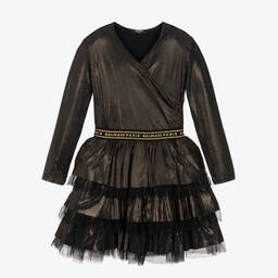Balmain-Черное платье из тюля с золотистым декором | Childrensalon Outlet
