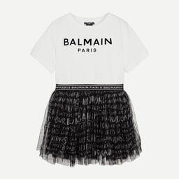 Balmain-Teen Girls White & Black Logo Dress | Childrensalon Outlet