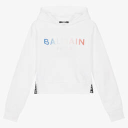 Balmain-Teen Girls White Cropped Hoodie | Childrensalon Outlet