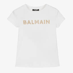 Balmain-Teen Girls White Diamanté T-Shirt | Childrensalon Outlet