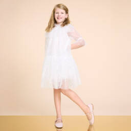 BCBGMAXAZRIA-فستان تول عاجي براق للبنات | Childrensalon Outlet