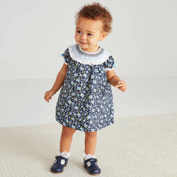 بياتريس آند جورج-فستان قطن عضوي بوبلين لون كحلي بطبعة ورود | Childrensalon Outlet