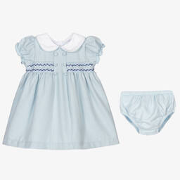 Beatrice & George-Baby Girls Blue Smocked Viscose Dress | Childrensalon Outlet