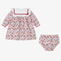 بياتريس آند جورج-فستان قطن عضوي بوبلين لون عاجي وأحمر بطبعة ورود | Childrensalon Outlet