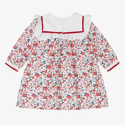 بياتريس آند جورج-فستان قطن عضوي بوبلين لون عاجي وأحمر بطبعة ورود | Childrensalon Outlet