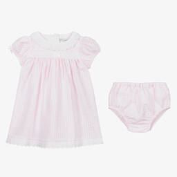 بياتريس آند جورج-طقم فستان وبونيه قطن لون زهري وأبيض للبنات الرضع | Childrensalon Outlet