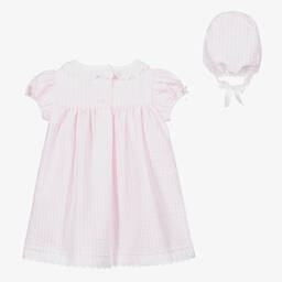 بياتريس آند جورج-طقم فستان وبونيه قطن لون زهري وأبيض للبنات الرضع | Childrensalon Outlet
