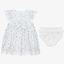 Beatrice & George-Baby Girls White & Blue Cotton Ruffle Dress | Childrensalon Outlet