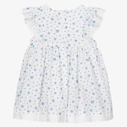 Beatrice & George-Baby Girls White & Blue Cotton Ruffle Dress | Childrensalon Outlet