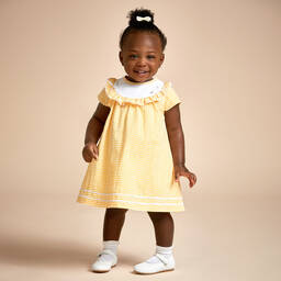 Beatrice & George-فستان أطفال بناتي نقشة مربعات لون أصفر وأبيض | Childrensalon Outlet