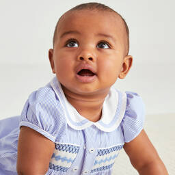 Beatrice & George-Blue Cotton Hand-Smocked Shortie | Childrensalon Outlet