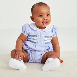Beatrice & George-Blue Cotton Hand-Smocked Shortie | Childrensalon Outlet