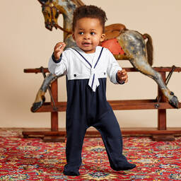 Beatrice & George-Blue Cotton Sailor Babygrow | Childrensalon Outlet