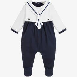 Beatrice & George-Blue Cotton Sailor Babygrow | Childrensalon Outlet