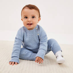 Beatrice & George-Blue Knitted Wool & Cotton Trouser Set | Childrensalon Outlet