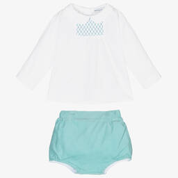 Beatrice & George-Boys Aqua Green Smocked Cotton Buster Suit | Childrensalon Outlet