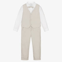 Beatrice & George-Boys Beige Cotton Herringbone Suit | Childrensalon Outlet