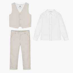 Beatrice & George-Boys Beige Cotton Herringbone Suit | Childrensalon Outlet